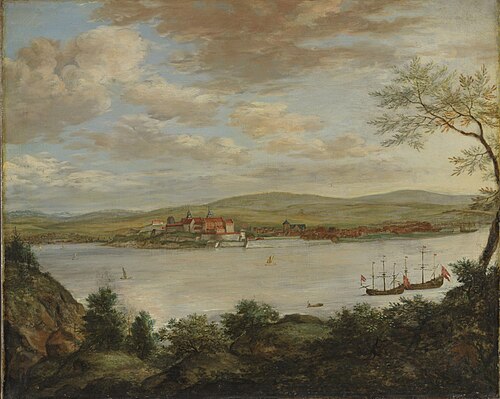 Panoramic view of Akershus Fortress near Christiania/Oslo, seen from Hovedøya, 1699, Jacob Coning