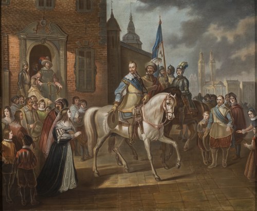Gustav II Adolf of Sweden Bids Farewell to his Consort, Maria Eleonora i Erfurt., 1838, Per Lindhberg