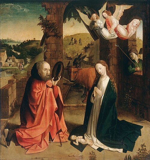 The Nativity with the Annunciation to the Shepherds in a Landscape, , Master of Hoogstraeten