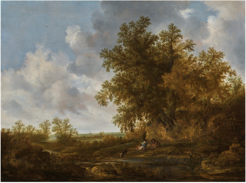 Wooded landscape with resting couple by a pool, 1645, Jacob van Moscher