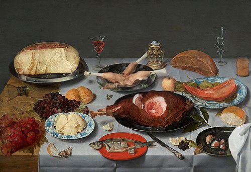 Still life with oysters, roasted chicken, sweets and dried fruits, 1627, Jacob van Hulsdonck