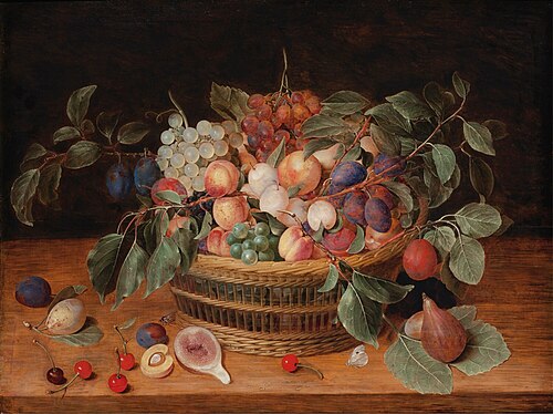 Still life with peaches, plums and grapes in a basket on a ledge, 1623, Jacob van Hulsdonck