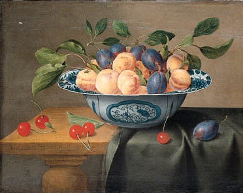 Plums and nectarines in a porcelain bowl with cherries on a partly draped table, 1626, Jacob van Hulsdonck
