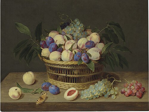 Peaches, plums and grapes in a wicker basket, with fruit and a butterfly on a wooden table, 1623, Jacob van Hulsdonck