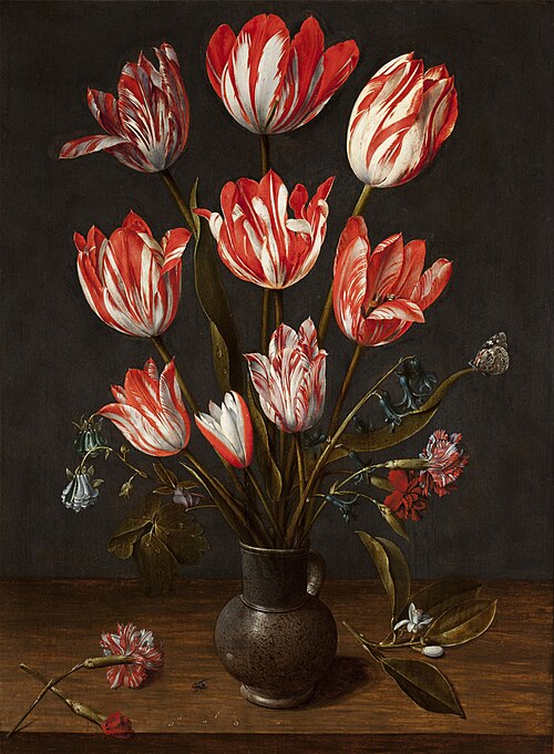 Tulips and carnations in an earthenware vase, 1610, Jacob van Hulsdonck