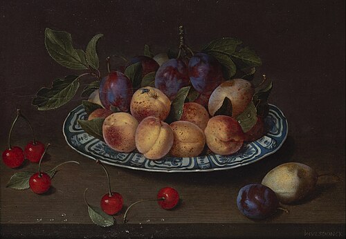 Platter of plums, peaches and pears with cherries on a table, 1638, Jacob van Hulsdonck
