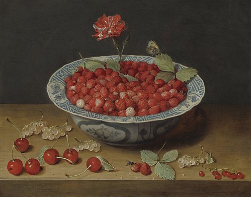 Wild Strawberries and a Carnation in a Wan-Li Bowl, 1620, Jacob van Hulsdonck