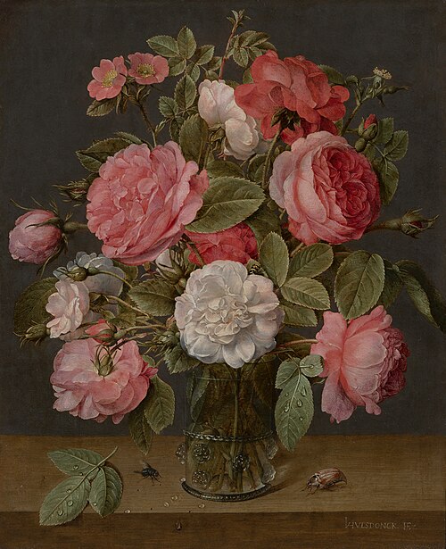 Bouquet de roses dans un vase en verre, 1642, Jacob van Hulsdonck