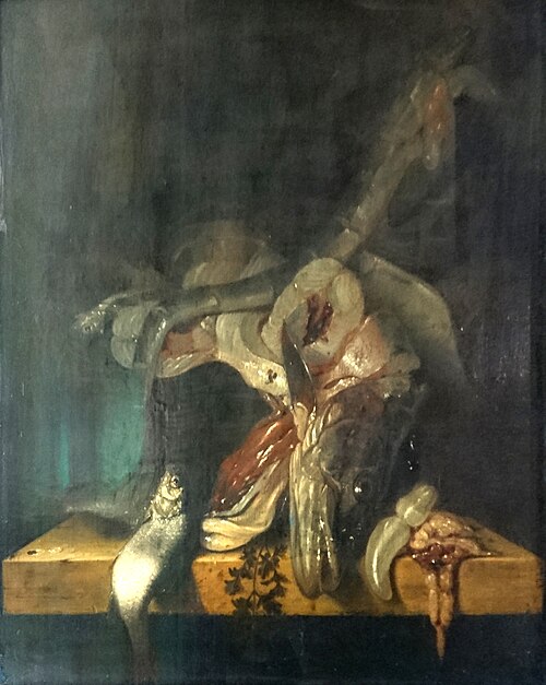Poissons morts dans un panier, sur une tablette de pierre, 1650, Jacob Gillig