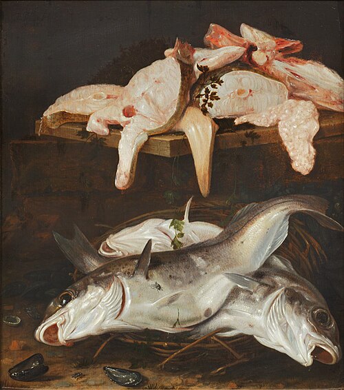 Stilleven met drie vissen in een mand en vismoten op tafel, 1682, Jacob Gillig