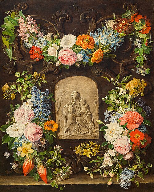 Flower garland with a relief of a Madonna, 1834, Pauline Freiin von Koudelka