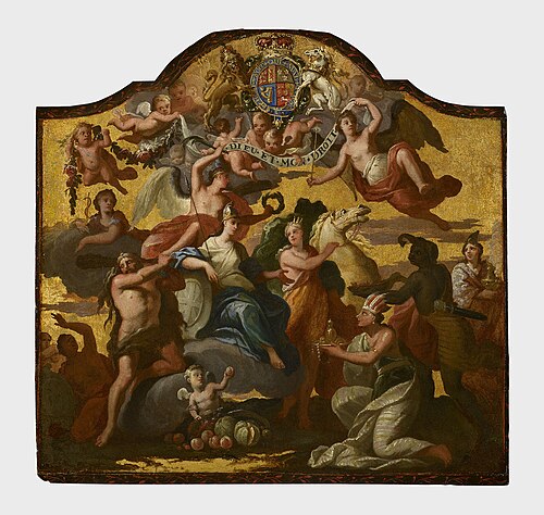 Panel for a Royal State Coach: Britannia Receiving Homage from the Continents., 1718, James Thornhill