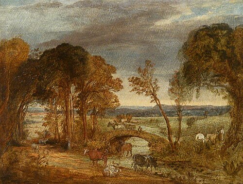 River Landscape with Bridge, Figures and Cattle, 1824, James Ward