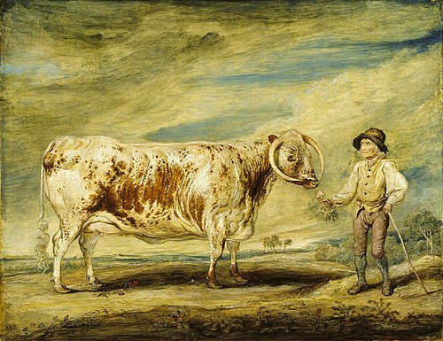 Jerry Hudson, a Farm Labourer with a Brindled Staffordshire Long-horn Cow, 1824, James Ward