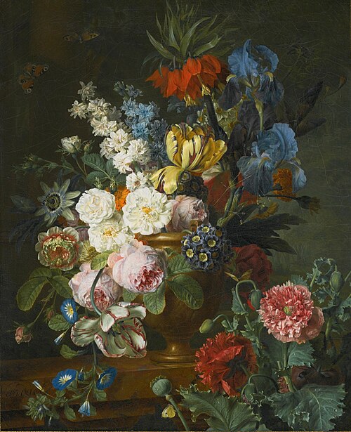 Still life with fritillaria imperialis, roses and tulips in a stone vase, on a red marble ledge, 1794, Jan van Dael