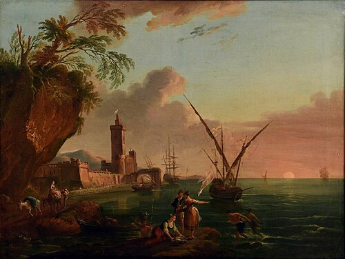 Soleil couchant sur un port méditerranéen, 1741, Jean-Baptiste Lallemand
