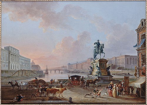 L’Hôtel des Monnaies, le Pont Royal et le Louvre, vus du Pont Neuf, vers 1775, 1775, Jean-Baptiste Lallemand