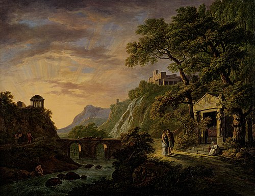 Arcadisch landschap met ondergaande zon, 1800, Daniel Dupré