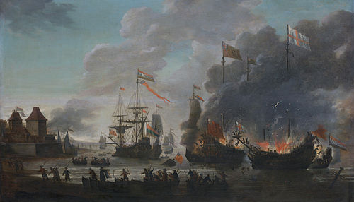 The Dutch Burn English Ships during the Expedition to Chatham, 20 June 1667 (Raid on the Medway), 1667, Jan van Leyden