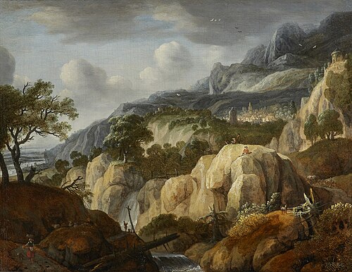 Mountain landscape with a draughtsman, 1657, Jan Looten