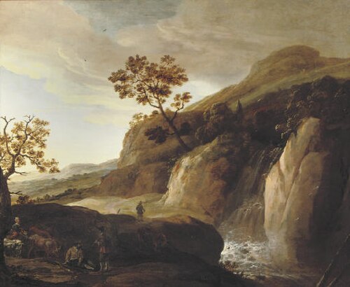 Mountainous landscape with travelers by a waterfall, 1659, Jan Looten