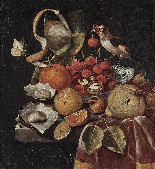 Still Life with Fruit and a Goldfinch, 1712, Martinus Nellius