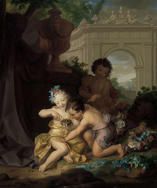 Drie kinderen spelend met een vogelnestje, 1718, Isaac Walraven