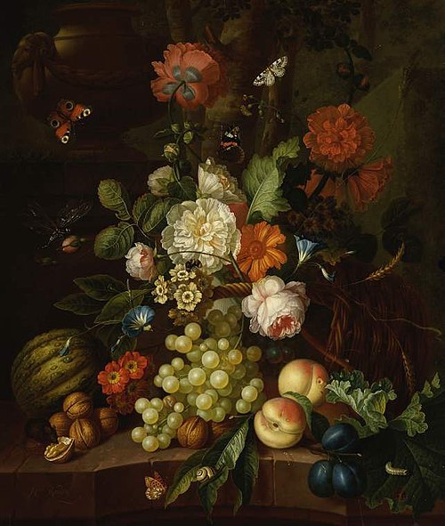 Basket of flowers with fruit, 1790, Johannes Christianus Roedig