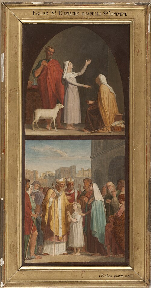 Esquisse pour l'église Saint-Eustache : Sainte Geneviève guérit sa mère aveugle. Saint Germain d'Aux, 1853, Auguste Pichon