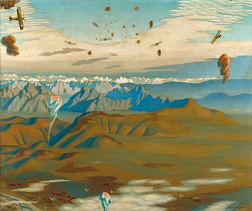 Among the Anti-Aircraft Bursts at 20,000 Feet above the Alps: A British Air Squadron Crossing the An, 1918, Sydney Carline