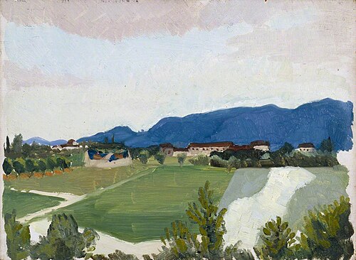 Aerodrome with Camouflaged Hangars, 1918, Sydney Carline