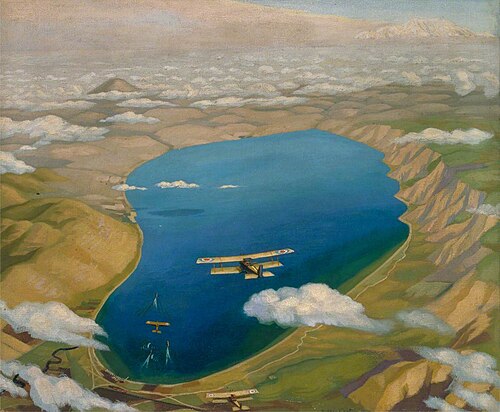 The Sea of Galilee: Aeroplanes Attacking Turkish Boats, 1919, Sydney William Carline