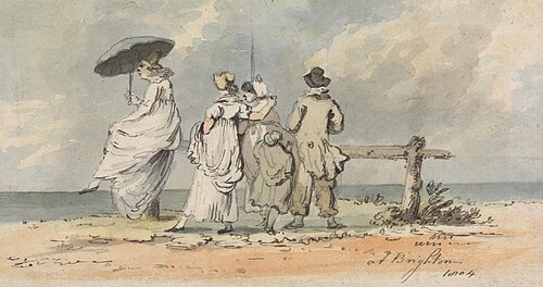At Brighton, 1804: Three Women, Child and Man Looking Out to Sea, 1804, John Colley Nixon