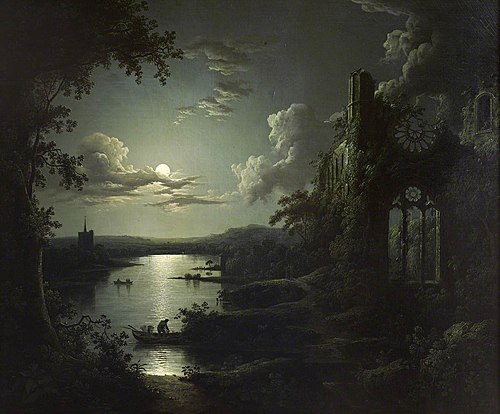 Moonlit Lake with a Ruined Gothic Church, a Church and Boatmen, 1827, Sebastian Pether