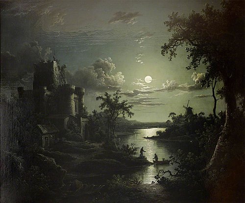 Moonlit River Landscape with a Castle, a Windmill, and Boatmen, 1823, Sebastian Pether
