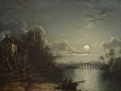 Called Walton Bridge by Moonlight (actually Chertsey Bridge), 1838, Sebastian Pether