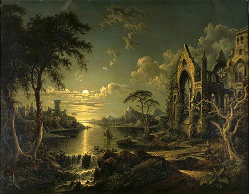 A Ruined Gothic Church beside a River by Moonlight, 1841, Sebastian Pether