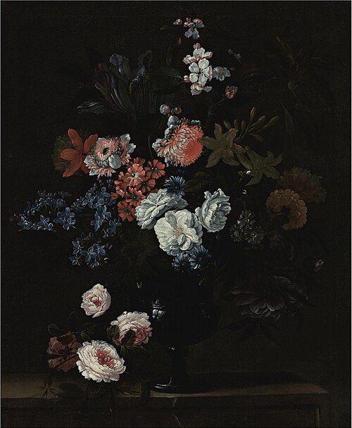 Still life of flowers in a vase resting on a stone ledge, 1712, Simon Hardimé