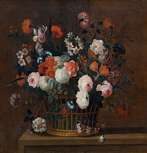 Still life with flowers in a woven basket on a table, 1712, Simon Hardimé