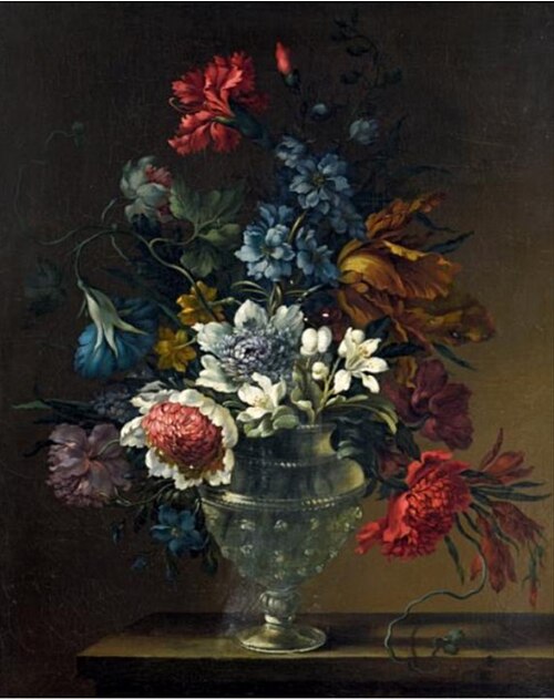 Bouquet of flowers in a glass vase, 1712, Simon Hardimé