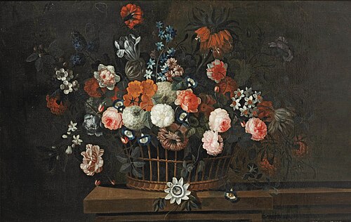 Wicker basket with roses, tulips, hyacinths and other flowers, on a wooden ledge, 1712, Simon Hardimé