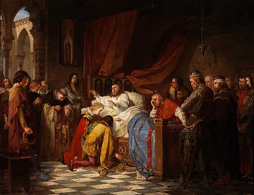 Felipe III de Francia moribundo bendiciendo a sus hijos, 1862, Manuel Ferran i Bayona