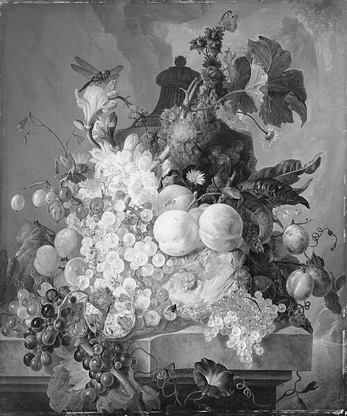 Vruchten en bloemen op een marmeren tafel, 1817, Gerrit Johan van Leeuwen