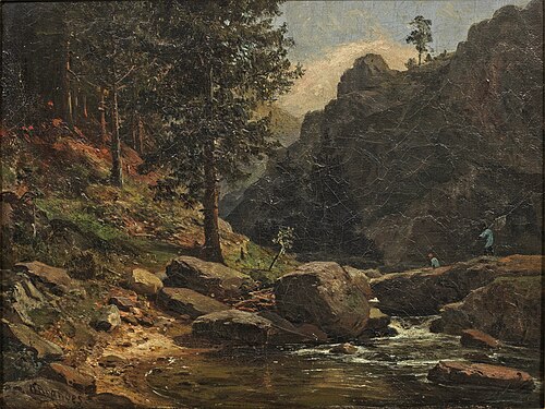 Mountainous Landscape with Anglers / Romantic Harz landscape with fishermen at a stream, , Heinrich Brandes