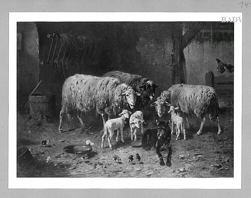 Schafe vor dem Stall mit Hund, 1885, Friedrich Otto Gebler