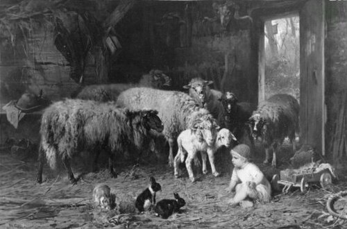 Schafstall mit Schafen und Kind, 1876, Friedrich Otto Gebler