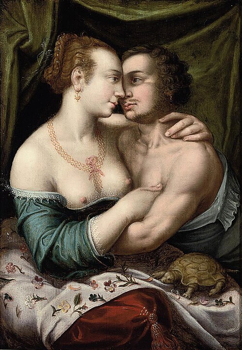An amorous couple in an interior with a tortoise, 1586, Joos van Winghe