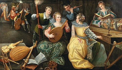 Elegant company, playing with torchlight, 1586, Joos van Winghe
