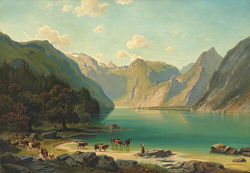 Alpine landscape, Watering  the  cows, 1879, Wilhelm Steinhausen