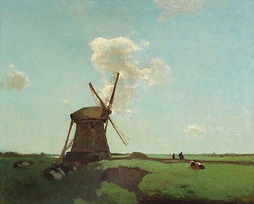 Landarbeiders nabij een molen in een Nederlands polderlandschap nabij Noorden., 1890, Johan Hendrik Weissenbruch